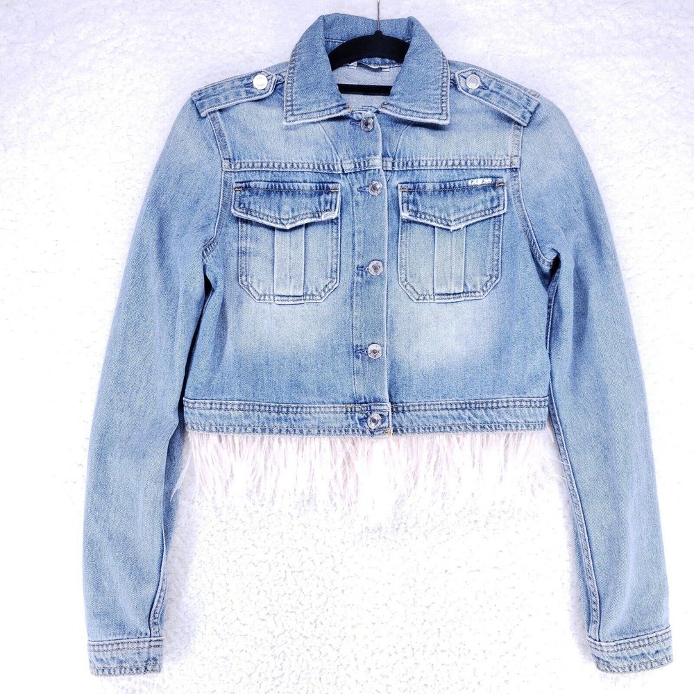 Guess Cropped Feather Trimmed Blue Jean Jacket Womens Size Small Denim Coat